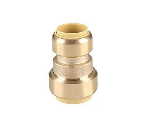 Five Pack Push Fit Reducing Coupling Three Quarters Inch By One Half Inch Brass Push To Connect Fitting For Copper PEX CPVC PE-RT With Disconnect Clip No Tools No Soldering Potable Water And Hydronic Heating