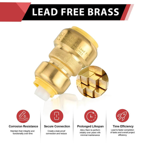 Five Pack Push Fit Reducing Coupling Three Quarters Inch By One Half Inch Brass Push To Connect Fitting For Copper PEX CPVC PE-RT