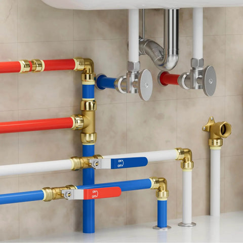 Installed 3/4 Inch Tee Push-Fit Fitting For PEX, Copper, And CPVC Pipes With Disconnect Clip Lead-Free DZR Brass Easy Installation