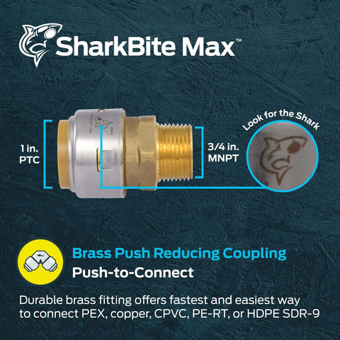 Push To Connect Brass Adapter One Inch By Three Quarter Inch MNPT Plumbing Fitting For PEX Copper CPVC PE RT SDR Nine HDPE Quick Wet Line Connection Without Tools Or Glue Transitions CTS Pipe To Female NPT Threads Smoothly, side view.