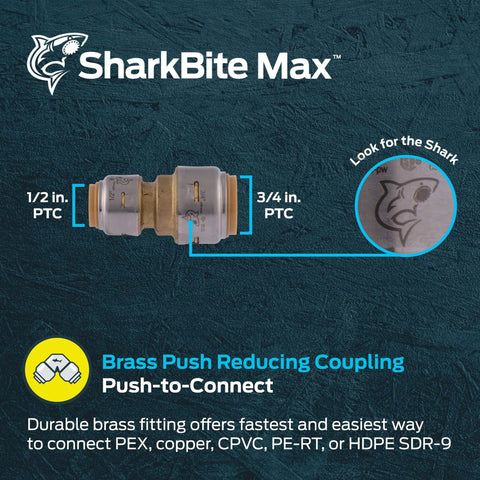 Reducing Brass Push To Connect Coupling Three Quarter Inch To One Half Inch For PEX Copper CPVC PE RT And HDPE Plumbing Fittings No Soldering Needed Quick Install UR058A
