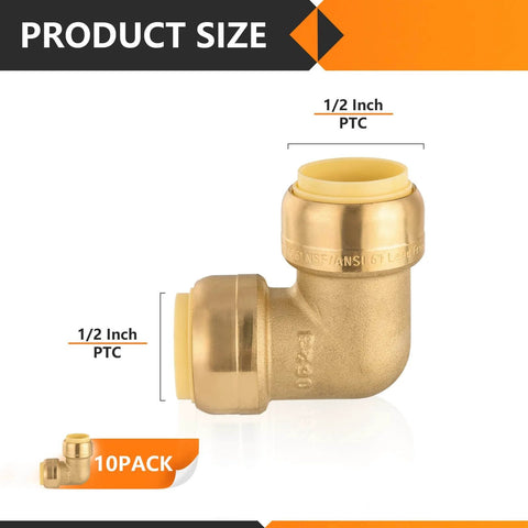 Ten Pack Pushfit 90 Degree Elbow Fittings Half Inch By Half Inch Brass Push To Connect With Disconnect Clip For PEX Copper CPVC And PERT Pipes DIY Friendly Lead Free CUPC Certified