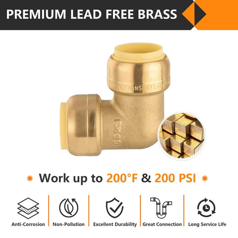 Ten Pack Pushfit 90 Degree Elbow Fittings Half Inch By Half Inch Brass Push To Connect With Disconnect Clip For PEX Copper CPVC And PERT Pipes DIY Friendly Lead Free CUPC Certified brass fitting with temperature and pressure specifications.
