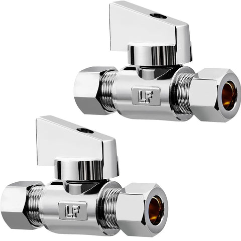 Two chrome brass angle valves with 1/4-in compression fittings, quarter-turn water supply valves.