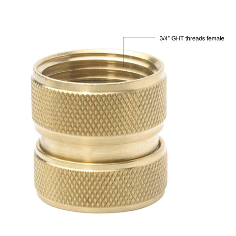 Close-up of brass garden hose quick connect fittings for three quarter inch hoses, leak free under high pressure, showing female threads.