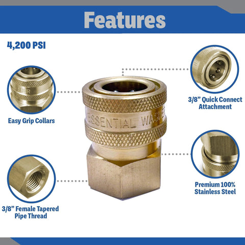 Brass 3/8 inch female quick-connect pressure washer adapter, NPT, set of 2, 4200 PSI, knurled grip.