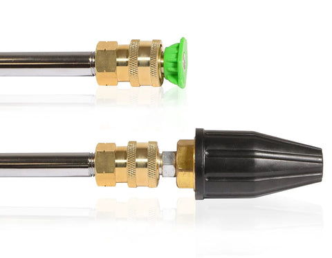 Pressure washer adapter with 1/4 inch brass quick-connect fittings; socket to 1/4'' female NPT, brass body, green and black caps.