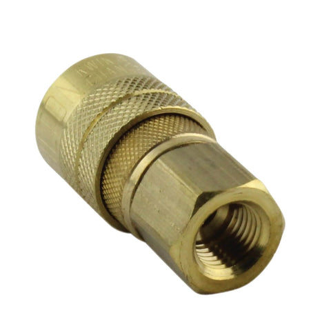 M-Style Quick Connect Air Coupler One Quarter Inch NPT Female Brass, angled view showing brass threading and knurled grip.