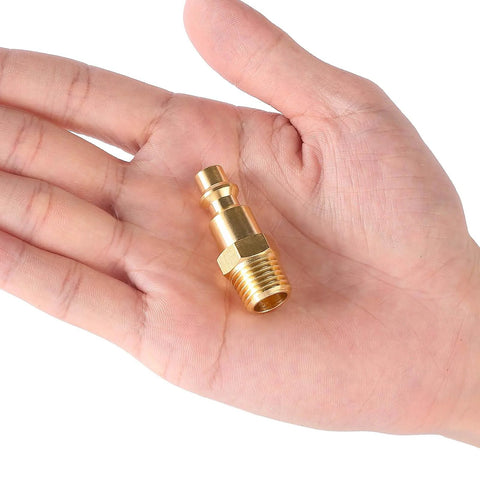 Brass 1/4 Inch NPT Male Air Hose Quick Connect Adapter Kit With Industrial M Style Couplers And Plugs in hand for size reference