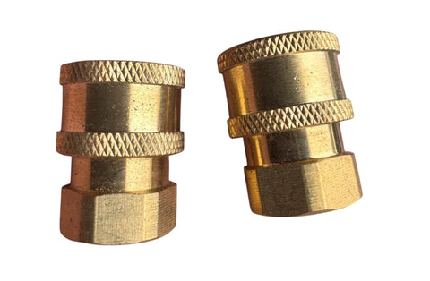 Two brass pressure washer quick-connect fittings, 1/4 in NPT female, knurled grips, 2-pack.
