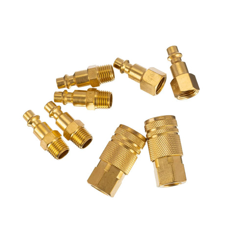 Brass air hose fittings kit with 1/4 in quick-connect couplers, 8-piece set for air compressors