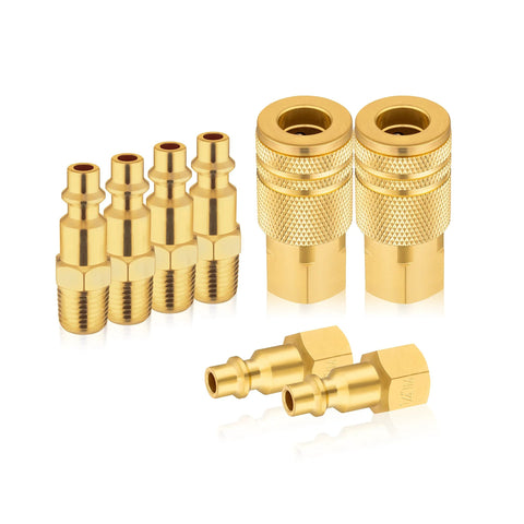 Brass air hose connectors set with 1/4 in fittings and quick-connect couplers, 8-piece kit for air compressors.