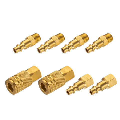 Brass air hose fittings kit with eight 1/4 in quick-connect adapters for air compressors, basic flow, max 300 PSI.