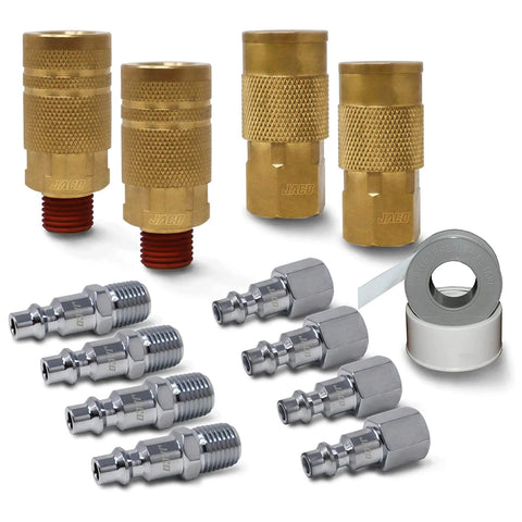 JACO 1/4 in NPT quick-connect air fittings kit, set of 12 with brass plug/coupler and chrome adapters.