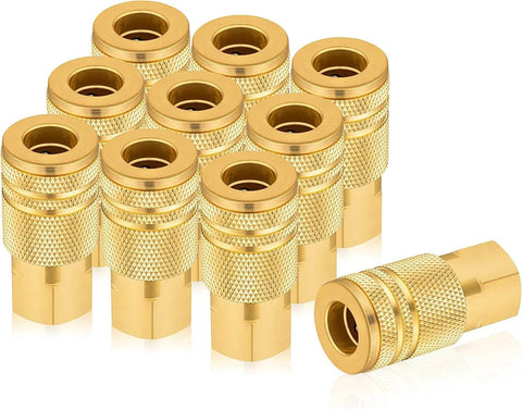 1/4-Inch Quick Connect Fittings Set For Air Compressors - Brass Air Coupler, 10 Pack, Basic Flow, Hose Fittings, Pro Grade, Easy-Grip Knurled Sleeve, Anti-Disconnect Guard visible