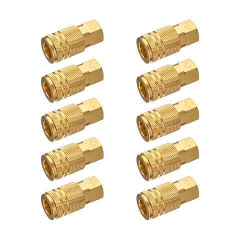 10 pack of 1/4-Inch Quick Connect Fittings Set For Air Compressors - Brass Air Coupler, Pro Grade, with Knurled Sleeve and Anti-Disconnect Guard.