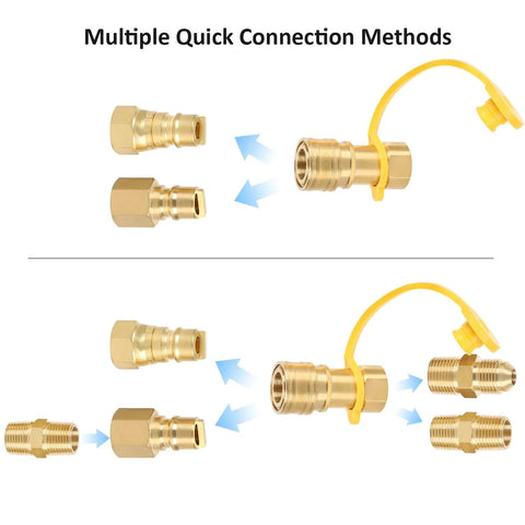 Six Piece 3/8 Inch LP Propane And Natural Gas Quick Connect Fittings Kit showing multiple quick connection methods