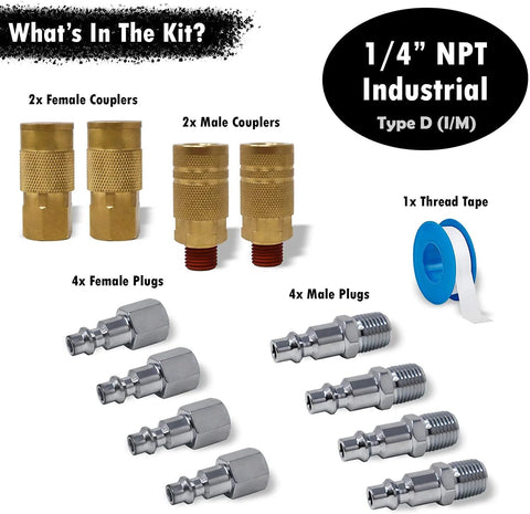 JACO 1/4 in NPT quick-connect air fittings kit: brass female/male couplers, chrome plugs, blue thread tape, 12 pcs