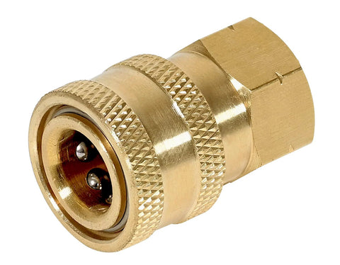 Brass pressure washer adapter with 1/4 in quick-connect socket; knurled grip, 1/4 in female NPT end.