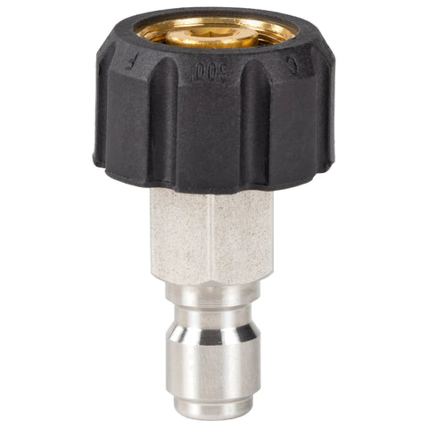 Westinghouse 3/4 in GHT to M22-14MM quick-connect fitting; black plastic nut, metal body for pressure washer hose