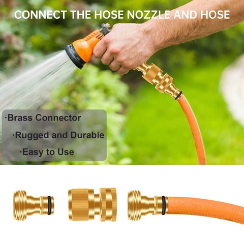 Garden Hose Quick Connector Set Three Quarters Inch GHT Brass No Leak Adapters attaching hose and nozzle with water spray