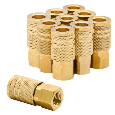 10 Pack 1/4-Inch Brass Female Industrial Couplers Quick Connectors For Air Hose Fittings NPT Female, 1/4 Inch Body, 300 PSI Max