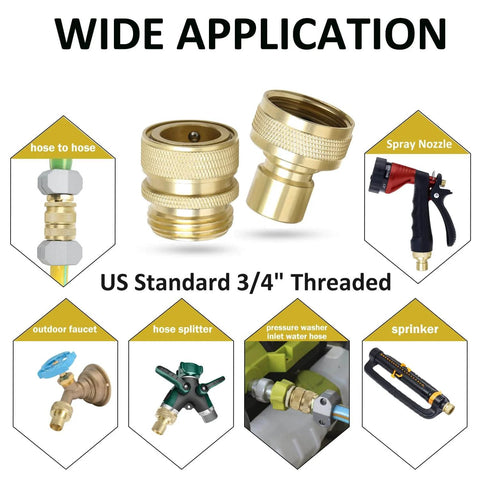 Brass Full Flow Garden Hose Quick Connect Fittings Three Quarter Inch GHT Quick Disconnect Connector Coupler shown in various applications