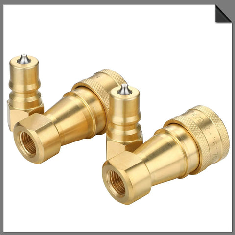 Side view of brass coupler valves from Six Pack One Quarter Inch Quick Disconnect Coupler Valves for Carpet Cleaning Wands and Truck Mounts.