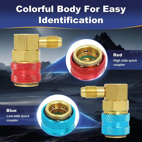 R134a Quick Coupler Kit For Car Air Conditioning Freon Fittings DIY with Brass Red High Side and Blue Low Side Connectors