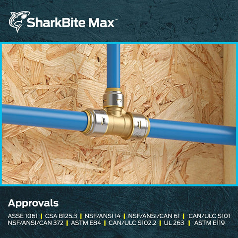 Three Quarters Inch By Three Quarters Inch By One Half Inch Reducing Tee Push To Connect Brass Plumbing Fitting installed with blue PEX pipes