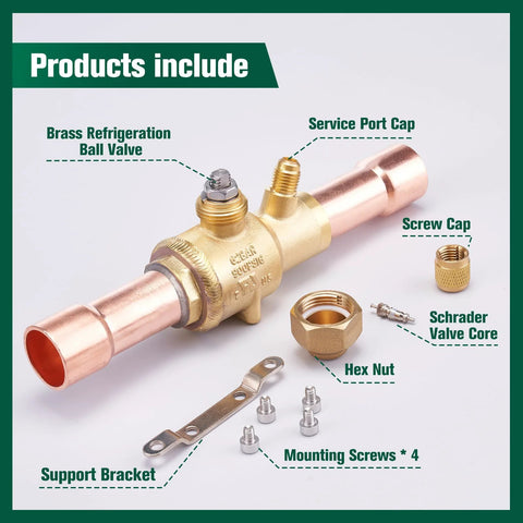 Brass refrigeration ball valve 3/8 ODF with copper solder connection, front view showing service port cap and mounting hardware