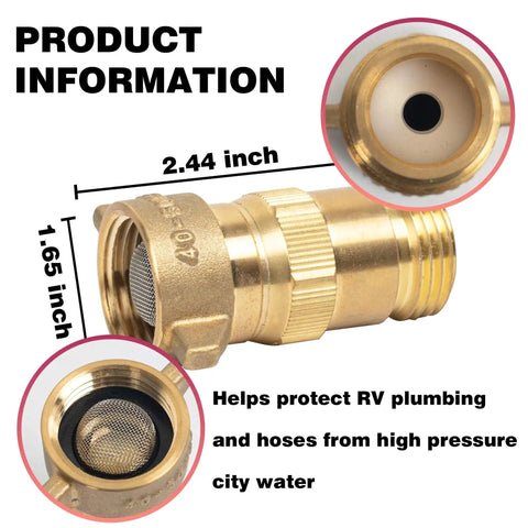 Brass RV Water Pressure Regulator With Filter Screen For Campers And Travel Trailers; dimensions 2.44 x 1.65 inches, close-up view