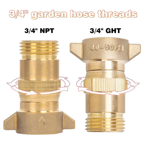 Two brass RV water pressure regulators with 3/4 inch garden hose threads and pressure settings for campers and travel trailers.