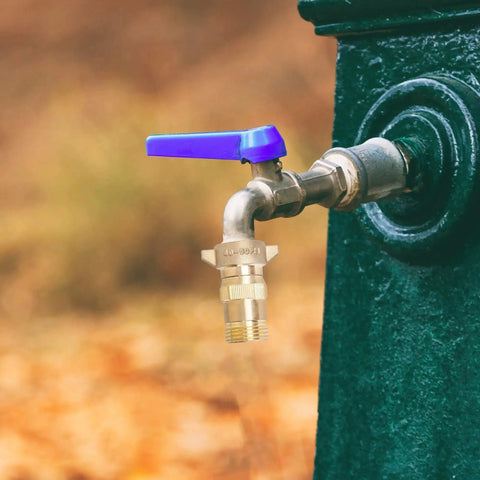 Brass RV Water Pressure Regulator with filter screen installed on outdoor pipe, 40-50 PSI control for campers and travel trailers.
