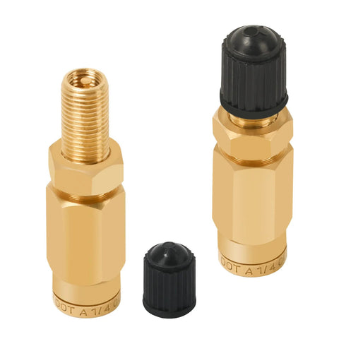 Two brass Cheemuii 1/4 in inflation Schrader valves with push-to-connect fittings for 1/4 in OD air tubing.