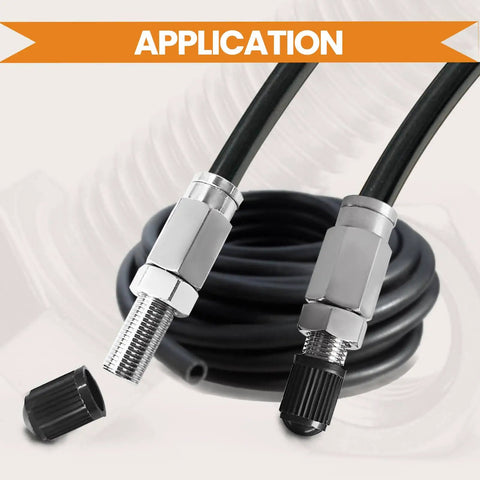Two Pack Brass Schrader Air Valve With Push To Connect For 1/4 Inch Air Line Tubing, visible coiled black tubing, metal connectors