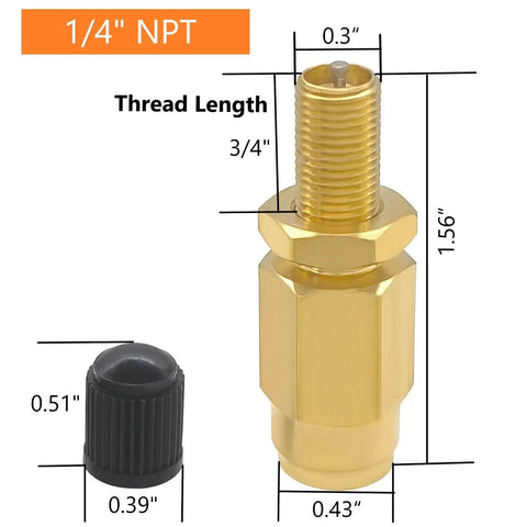 Two Pack One Quarter Inch Schrader Valve Adapter Set, Heavy Duty Brass Push To Connect Fittings for Airbag Spring Suspension Lines and Air Line Tubing, Plug and Play Compatible with One Quarter Inch OD Tubing on Semi Truck Trailer Tractor, front view showing dimensions