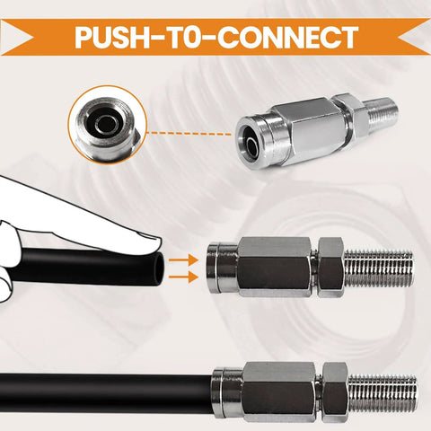 Close-up image showing Two Pack Brass Schrader Air Valve With Push To Connect For 1/4 Inch Air Line Tubing, Inflation And Deflation For Air Suspension Bags, Heavy Duty Truck Fittings For Semi Trucks, DOT Approved in use.