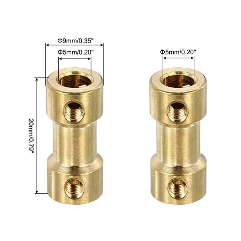 10 Pack 5mm to 5mm Brass Shaft Coupling Joint Connector with Screws and Hex Wrench Flexible Motor Shaft Coupler for Car Wheels Tires Shaft Motor shown in gold with measurements