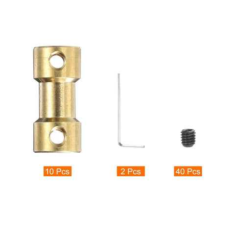 Brass Shaft Coupling 3mm To 4mm Kit For RC Models with screws and hex wrench, shown with 10 brass connectors, 2 hex wrenches, 40 screws.