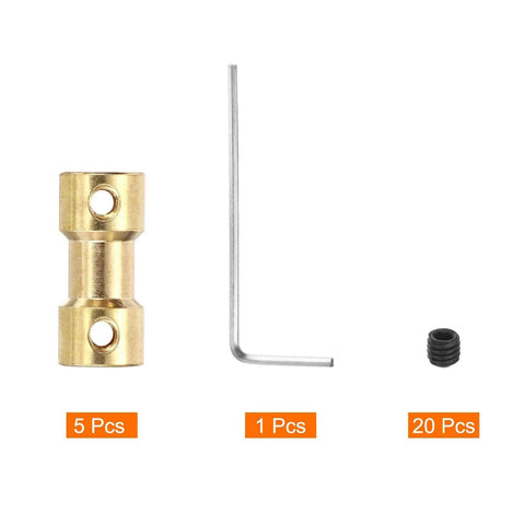 Brass Shaft Coupling Kit 5mm to 5mm with Screws and Hex Wrench for RC Cars 5 Pack shown with screws and hex tool