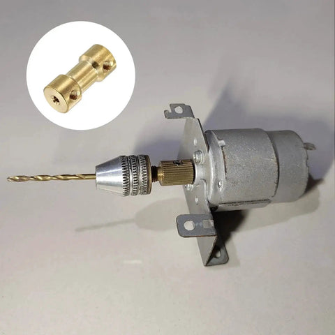 Motor with brass shaft coupling kit 5mm to 5mm, showing coupling installation with drill bit in RC models.