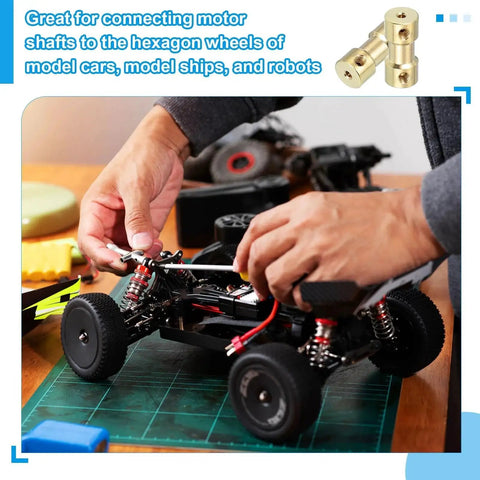 Durable brass shaft coupling 2mm to 5mm for RC models and robotics installed in a model car, four pack with M3 screws visible.