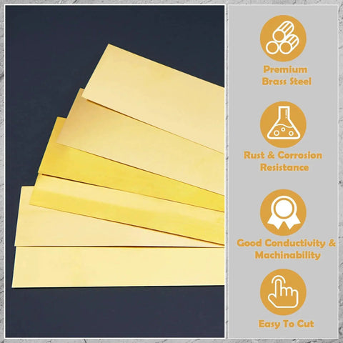 Brass Shim Stock Assortment 1 Inch By 6 Inch 6 Pieces With Thicknesses 0.002 0.004 0.006 0.008 0.012 0.016 Inches displayed on black
