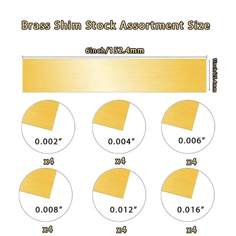 Brass Shim Stock Assortment 24 Piece Metal Shim Set For Leveling And Gap Filling In Machining DIY And Industrial Projects Includes 0.002 0.004 0.006 0.008 0.012 And 0.016 Inch Thicknesses For Precise Adjustments