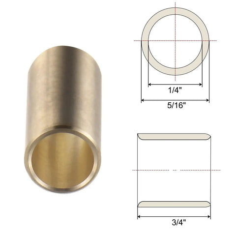 Diagram and perspective view of five piece sleeve bearings with one quarter inch bore and five sixteenth inch outer diameter, cast brass.