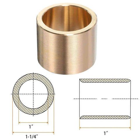 Sleeve Bearing Brass Bushing Oilless Self Lubricating With One Inch Bore And One And One Quarter Inch Outer Diameter And One Inch Overall Length