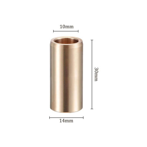 Oilless Brass Sleeve Bearing 10mm X 14mm X 30mm for equipment and machinery use, gold tone, showing dimensions and cylindrical design.