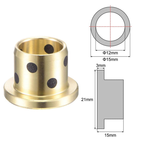 Flanged Sleeve Bearing Set 12mm Bore 15mm Outer Diameter 15mm Length Flange Diameter 21mm Flange Thickness 3mm Brass Graphite