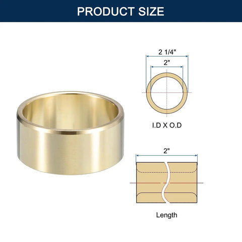 Diagram and dimensions of Brass Sleeve Bearing Two Inch Bore Two And One Quarter Inch Outer Diameter Two Inch Length Self Lubricating Cast Brass Bushing.